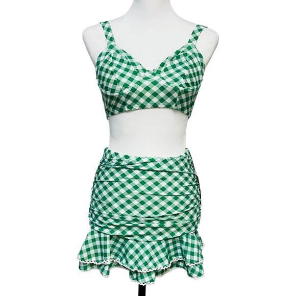Unique Vintage Matching Set Swimwear Gingham High Bottom Skirt Bikini Top Retro - Picture 6 of 12